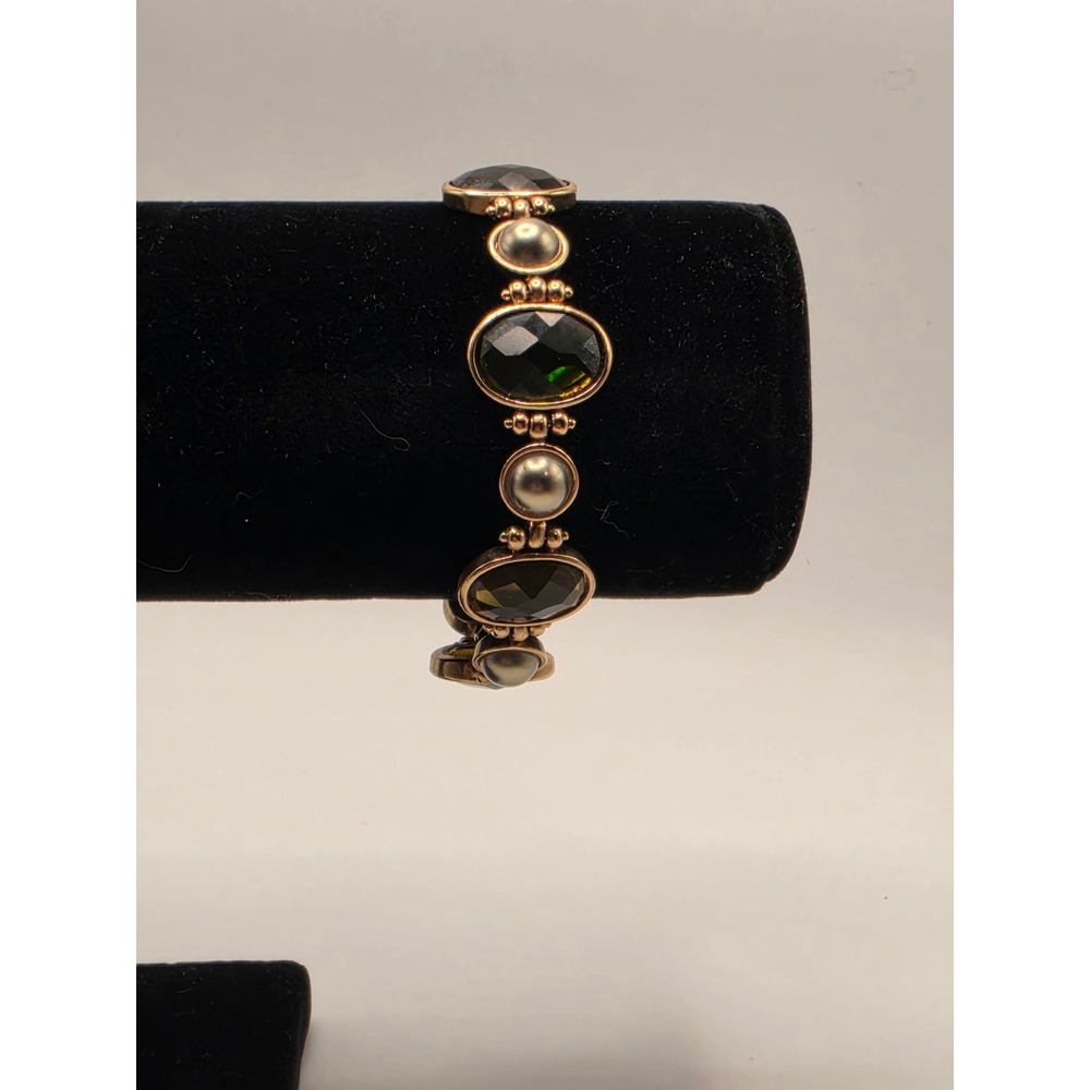 Monet Vintage Gold Tone Link Bracelet Olive‎ Green Glass Grey Faux Pearl 7.5in